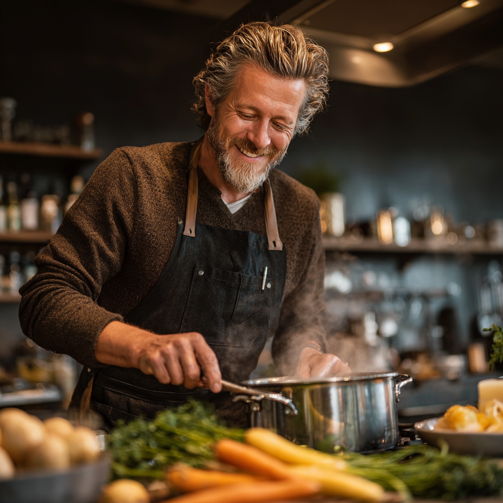 A man in his early 50s with salt-and-pepper hair cooking healthy meal in a modern kitchen, smiling while stirring a pot with fresh ingredients on the counter