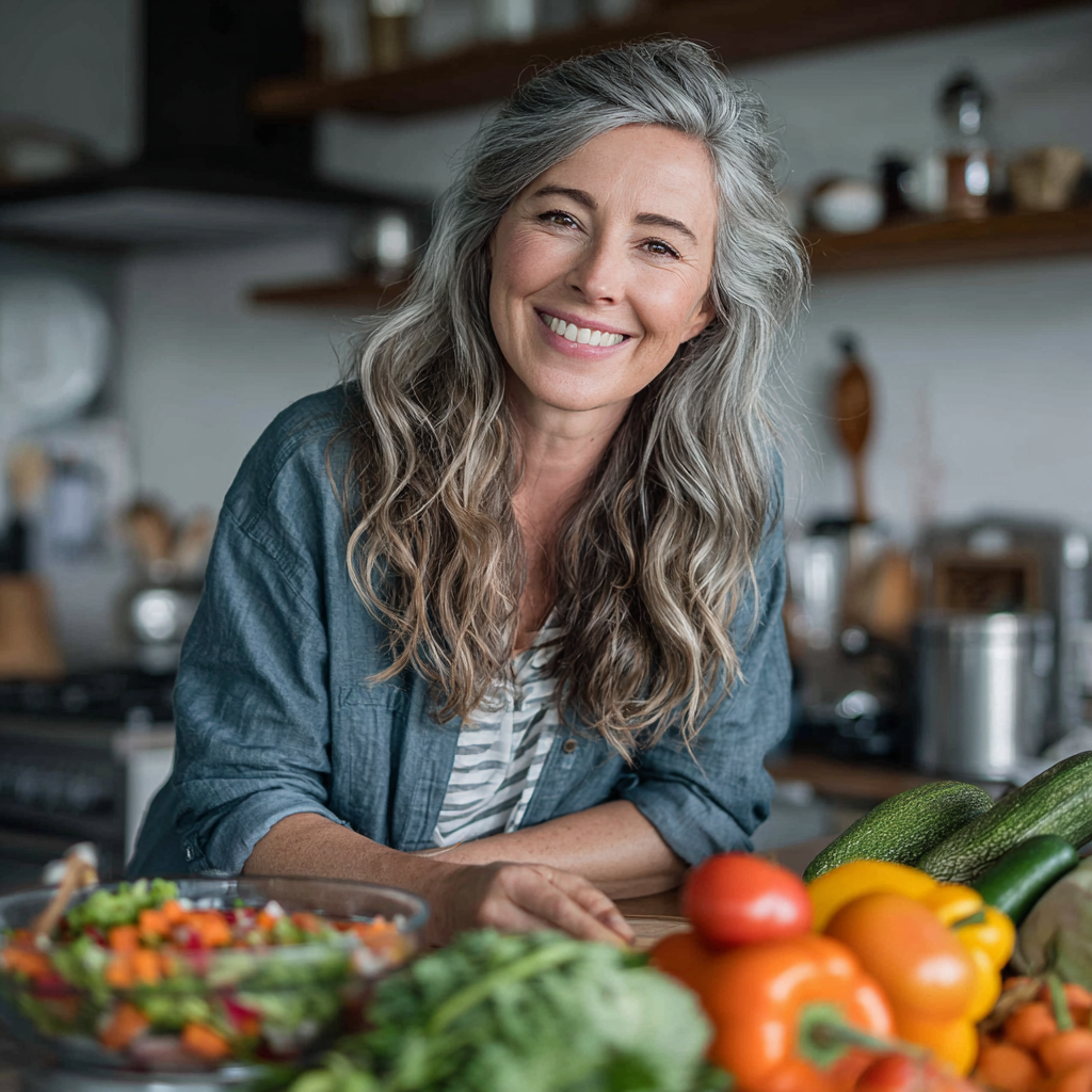 A woman in her late 40s with gray-streaked hair smiling while preparing a colorful salad in a bright modern kitchen, surrounded by fresh vegetables and fruits